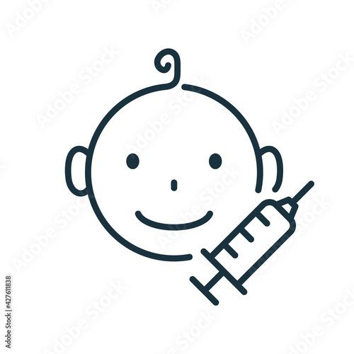 Child Vaccination line icon. Vaccine to Kid. Vaccine for Children against Kids Diseases. Injection against polio, covid, coronavirus, hepatitis, tuberculosis. Editable stroke. Vector illustration