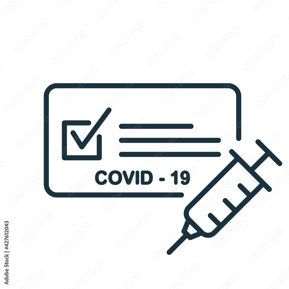 Vaccine Passport line icon. Vaccination Medical Card or Passport icon for travel. Certificate of Vaccination against Covid-19 with syringe. Editable Stroke. Vector illustration - obrazy, fototapety, plakaty 