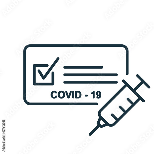 Vaccine Passport line icon. Vaccination Medical Card or Passport icon for travel. Certificate of Vaccination against Covid-19 with syringe. Editable Stroke. Vector illustration