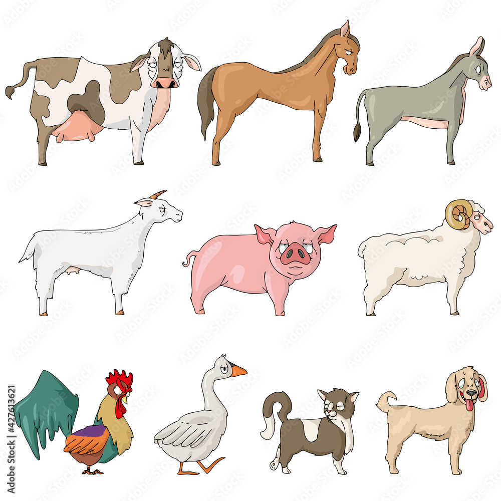 Farm animals cow, horse, donkey, goat, pig, sheep, rooster, goose, cat, dog on white background Cute Cartoon Vector illustration