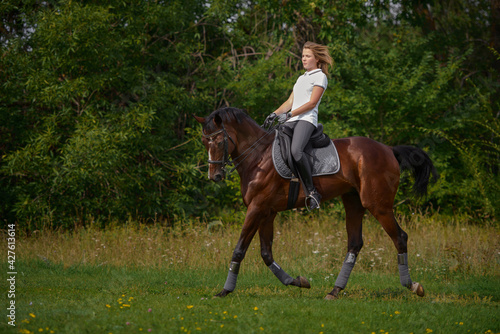 A girl rider trains riding a horse on a spring day. © sheikoevgeniya