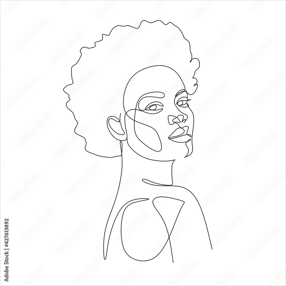 Line Art Woman Face Drawing. Black Woman Vector. Afro American Female ...