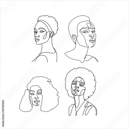 Line Art Woman Face Drawing. Black Woman Vector. Afro American Female Logo. Contouring Line. Minimalist Face. Beauty salon