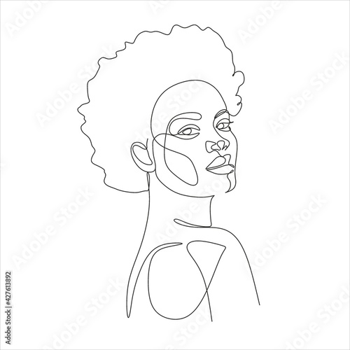 Line Art Woman Face Drawing. Black Woman Vector. Afro American Female Logo. Contouring Line. Minimalist Face. Beauty salon