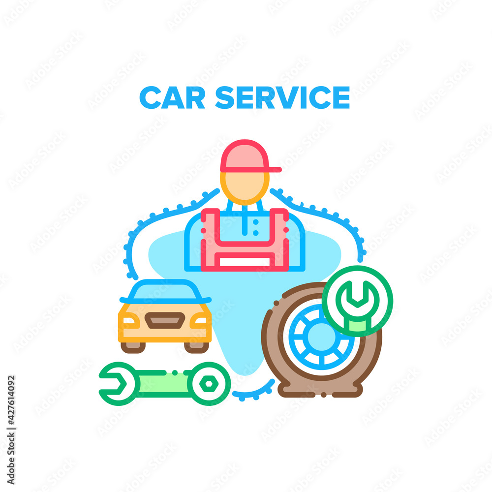 Car Service Vector Icon Concept. Car Service For Repair Wheel And Maintenance Technical Or Electronic Of Transport. Repairman Garage Worker Fixing Automobile With Industrial Wrench Color Illustration