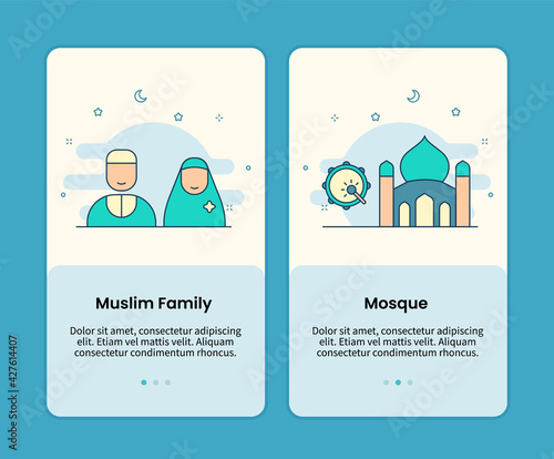 muslim family and mosque design onboarding design mobile page screen app