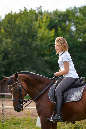 A girl rider trains riding a horse on a spring day.