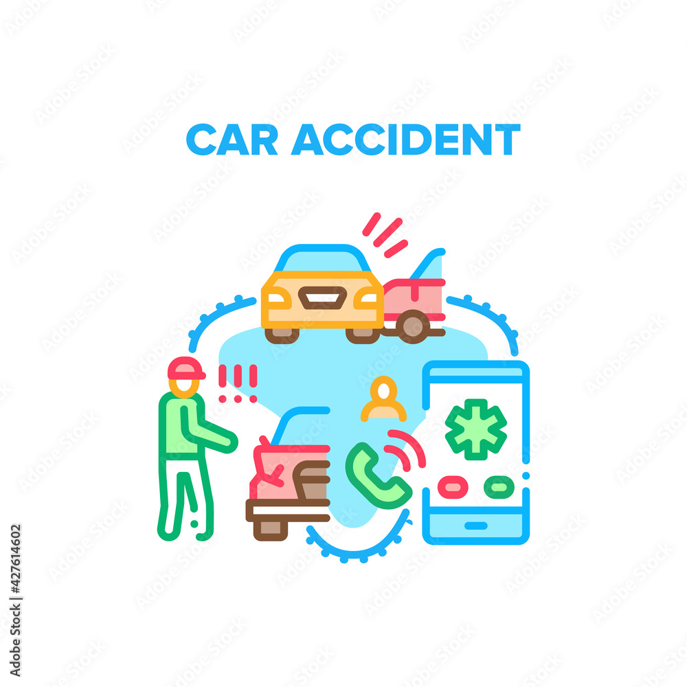 Car Accident Vector Icon Concept. Car Accident Road Situation And Traffic Problem, Calling To Emergency, Recovery Service Or Insurance Company. Crashed And Damaged Automobiles Color Illustration Car Accident Vector Icon Concept. Car Accident Road Situation And Traffic Problem, Calling To Emergency, Recovery Service Or Insurance Company. Crashed And Damaged Automobiles Color Illustration