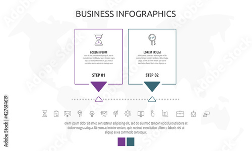 Line cards with two steps, arrows. Rectangular infographic. Frames timeline data vector template. Minimal design for diagram, business, web, banner, flowchart, content, levels, chart