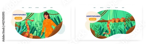 Herpetophobia landing page design, website banner vector template set. Scared woman experiencing fear aversion to snakes