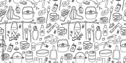Vector seamless pattern. Camp kitchen equipment on white background. Great for fabrics, wrapping papers, wallpapers, covers. Doodle hand drawn sketch illustration black outlines.