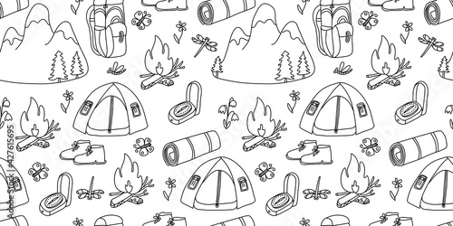 Vector seamless pattern. Mountain, and tourism and camp equipment on white background. Great for fabrics, wrapping papers, wallpapers, covers. Doodle hand drawn sketch illustration black outlines..