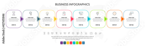 Line cards with eight steps, arrows. Rectangular infographic. Frames timeline data vector template. Minimal design for diagram, business, web, banner, flowchart, content, levels, chart