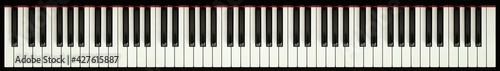 True full piano keyboard with 88 keys, 52 white and 36 black. Flat lay photography, top view.