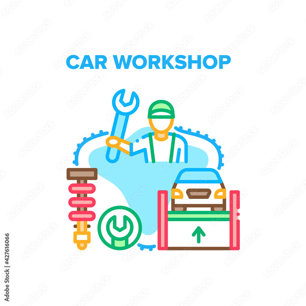 Car Workshop Vector Icon Concept. Repairman Holding Wrench Tool And Working In Car Workshop, Vehicle Repair Station For Fixing Transport On Lift Equipment. Mechanic Maintenance Color Illustration