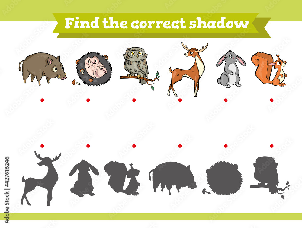 Find the correct shadow. Educational game for children. Cartoon Find the correct shadow. Educational game for children. Cartoon