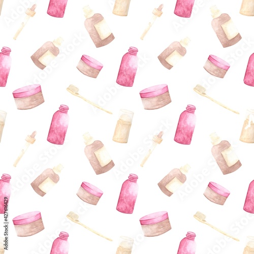 Seamless Pattern with Watercolor Drawings of body Care Products