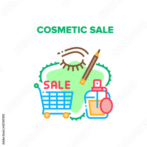 Cosmetic Sale Vector Icon Concept. Cart For Carrying Buying Aromatic And Health Treatment Products, Store Cosmetic Sale. Perfume Spray Bottle And Eyeliner Beauty Accessory Color Illustration