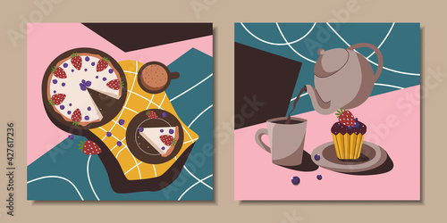 Set of abstract posters with still lifes. Teapot with tea, cupcake, pie, mug. Vector illustration.