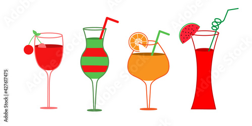 Set of tropical cocktails. Insulated glass with juice or wine drink.