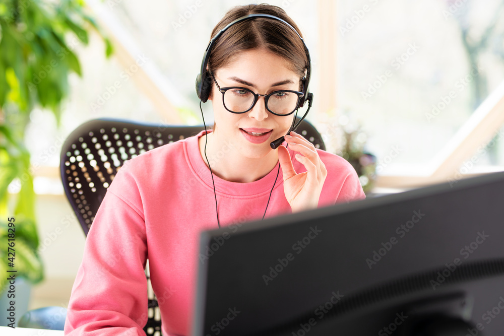 Shot of call center agent operator businesswoman working from home ...
