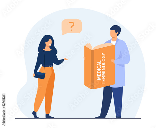 Woman asking doctor about medical terms. Book, profession, dictionary flat vector illustration. Medicine and terminology concept for banner, website design or landing web page photo
