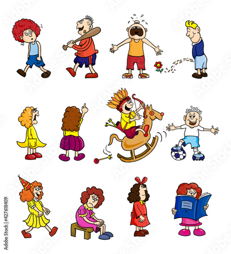 Set of cartoons children in different activities. Retro style sketch. Hand drawn kids. Vector print illustration