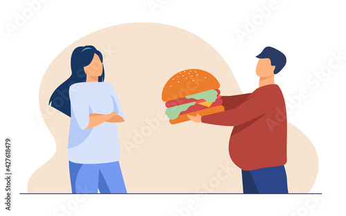 Fat man giving burger to woman. Diet, gift, meat flat vector illustration. Junk food and nutrition concept for banner, website design or landing web page