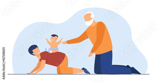 Cheerful grandpa playing with grandchilds. Grandfather, infant, fun flat vector illustration. Family and game activity concept for banner, website design or landing web page