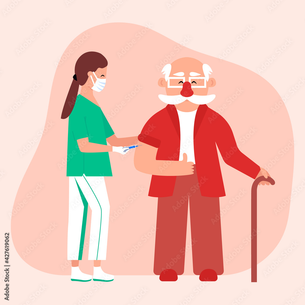 Vaccination for senior man. Nurse with a syringe vaccinates an elderly person. An injection of an antiviral vaccine. Colored vector illustration in flat style for poster, flyer, banner, etc. Eps 10 Vaccination for senior man. Nurse with a syringe vaccinates an elderly person. An injection of an antiviral vaccine. Colored vector illustration in flat style for poster, flyer, banner, etc. Eps 10