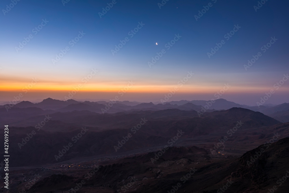 View from Mount Sinai at sunrise. Beautiful mountain landscape in Egypt.
