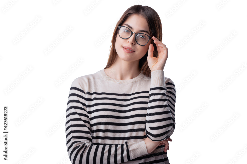 Young woman studio portrait while wearing eyewear Young woman studio portrait while wearing eyewear