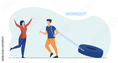 Strong man pulling big tire and woman greeting him. Sportsman, rope, muscle flat vector illustration. Workout and training concept for banner, website design or landing web page