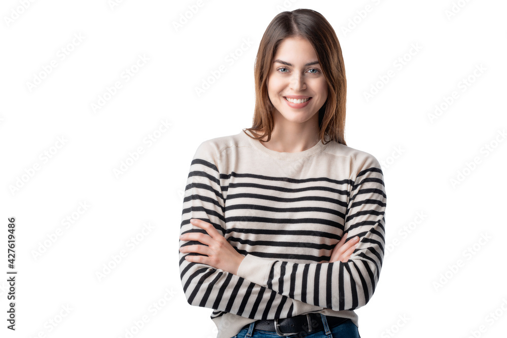 Happy young businesswoman standing with arms crossed at isolated background Happy young businesswoman standing with arms crossed at isolated background