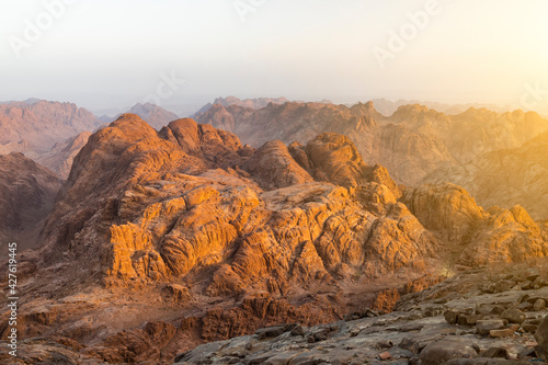 View from Mount Sinai at sunrise. Beautiful mountain landscape in Egypt.