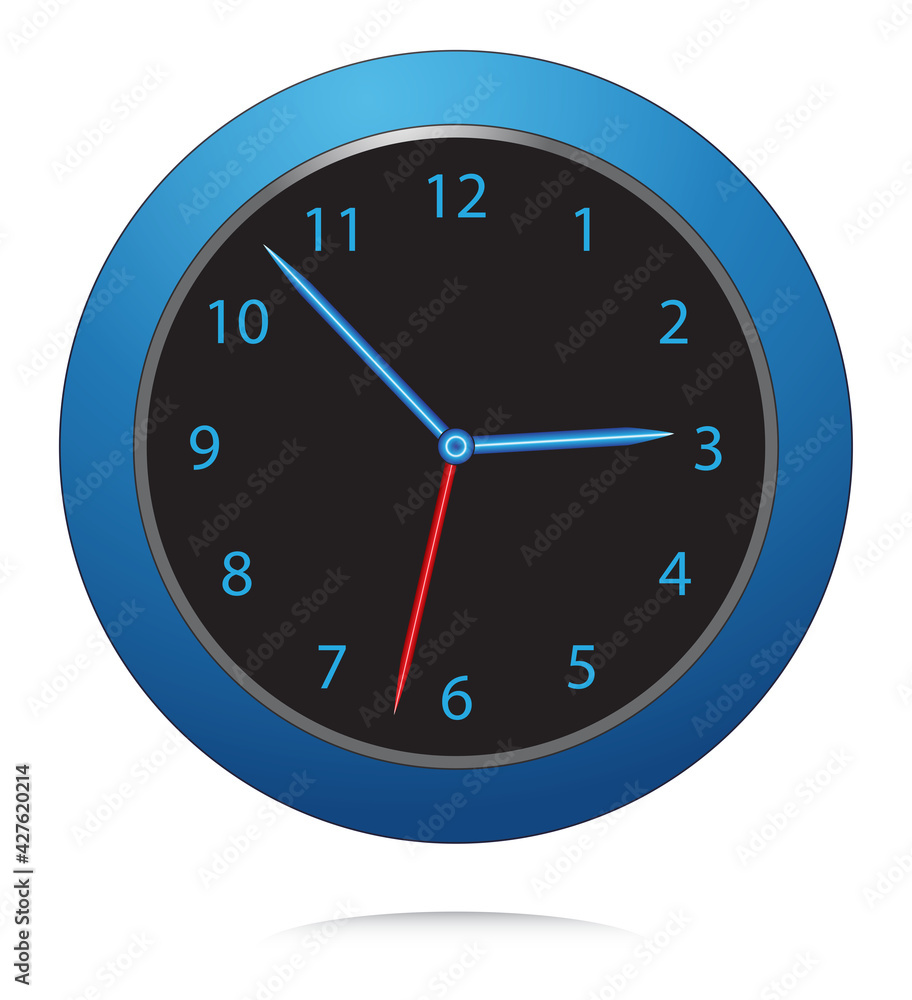 Neon blue analog wall clock icon design isolated on white. Round clock with blue and red pointers. Neon blue analog wall clock icon design isolated on white. Round clock with blue and red pointers.