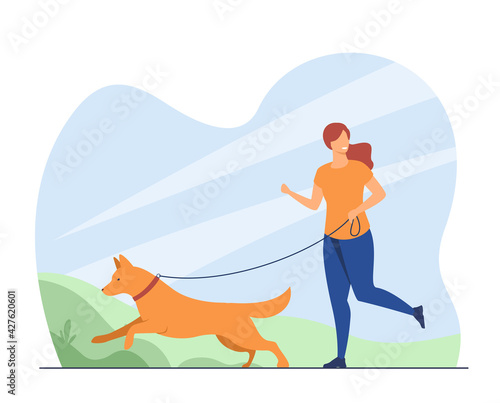 Happy woman running with dog outdoors. Leash, pet, owner flat vector illustration. Domestic animals and weekend concept for banner, website design or landing web page