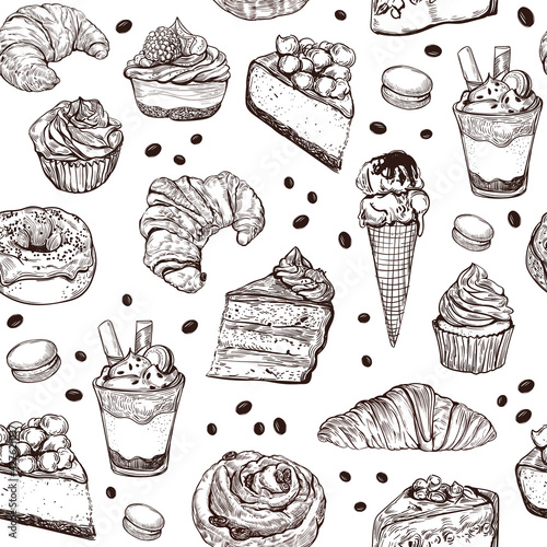 Hand-drawn sketch-style dessert seamless pattern. Different kinds of pastry sweets on white background. Cakes, tarts, pie slices, pretzel, ice cream, donuts, cheesecake, macaroons, buns and other test