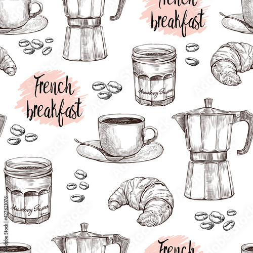 Vector set seamless pattern coffee maker, cup, jam jar, croissant, and coffee beans on white background. Hand-drawn breakfast background in sketch style.