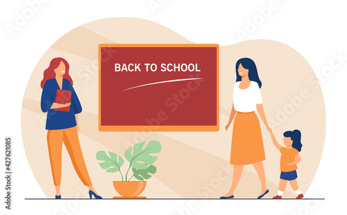 Happy mother with little girl going to school. Teacher, chalkboard, elementary flat vector illustration. Education and study concept for banner, website design or landing web page