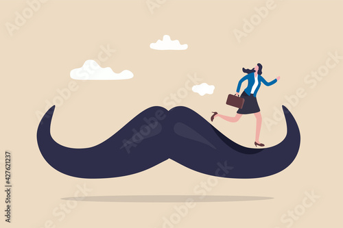 Woman abuse, sexual harassment in office or workplace, discrimination or inequality or woman rights concept, fearful businesswoman victim run away from boss mustache, man symbolic.