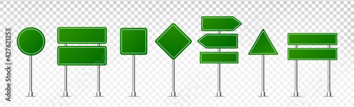 Green road signs icons. Green street signs templates for directions. Road board text panel, mock up signage direction highway city signpost location street arrow path set. Vector illustrations eps 10.