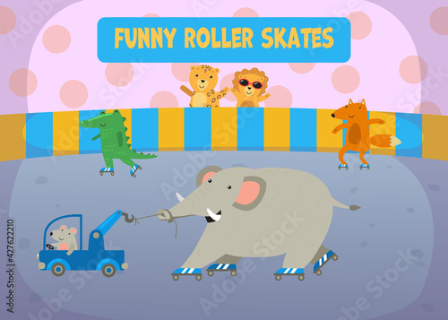 Happy cartoon animals roller skating on rink illustration. Mouse on truck pulling elephant in rollerblades by crane, lion and tiger watching. Roller skating, entertainment, transport, retro concept