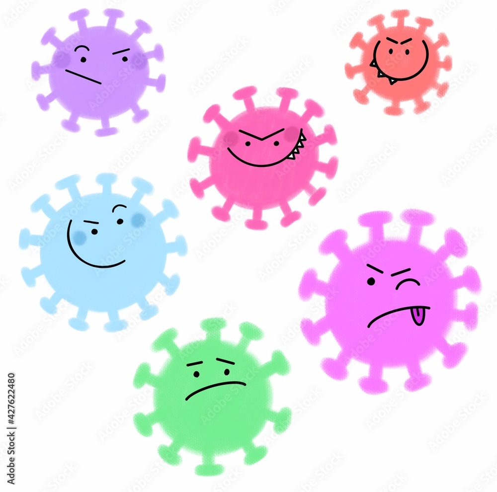 Fototapeta premium Hand drawn funny multicolour illustration of a molecules of coronavirus covid-19 infection with different emotions. Funny doodle image for kids in bright shades. Isolated on a white background