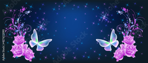 Delightful magical butterflies with pink roses on night sky background among shiny glowing sparkle stars in cosmic space. Love and romance concept.