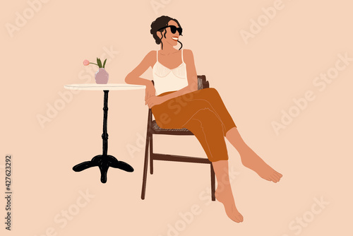 Woman relaxing and sitting on the chair near french style coffee table with sunglasses. Vector illustration