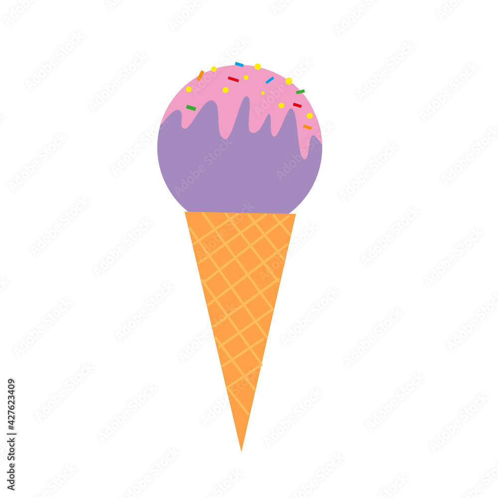 Sweet fruit ice cream in a waffle cone on an isolated background.
