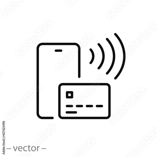 pay credit card or phone, icon, cashless payment, wireless pos, nfc terminal, contactless service, thin line symbol on white background - editable stroke vector eps10