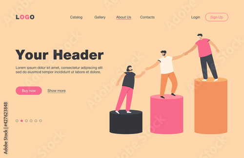 Mentor helping young employees to climb on top of growing bar chart. Team holding hands and walking upstairs together. Vector illustration for mentorship, teamwork, professional support concept