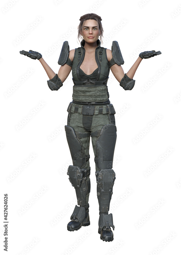 Illustration of a futuristic female soldier portraying a whatever gesture isolated on a white background. Illustration of a futuristic female soldier portraying a whatever gesture isolated on a white background.